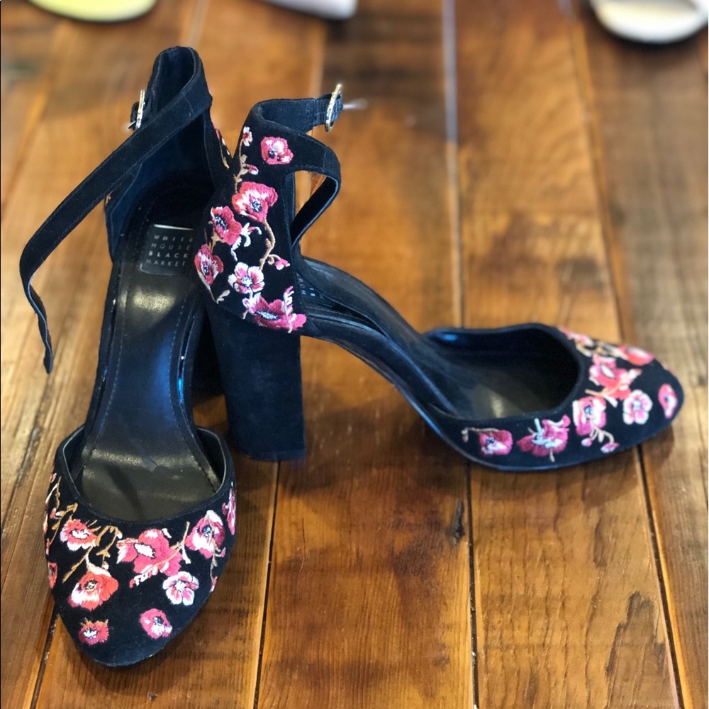 White House Black Market Embroidered Chunky Heels